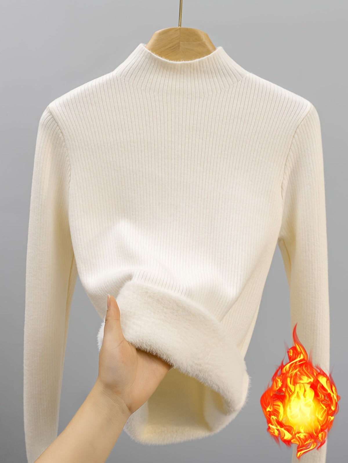 Damen Rippstrick Pullover Stehkragen mit flauschigem Innenfutter Beige
