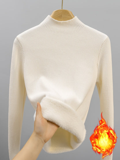 Damen Rippstrick Pullover Stehkragen mit flauschigem Innenfutter Beige