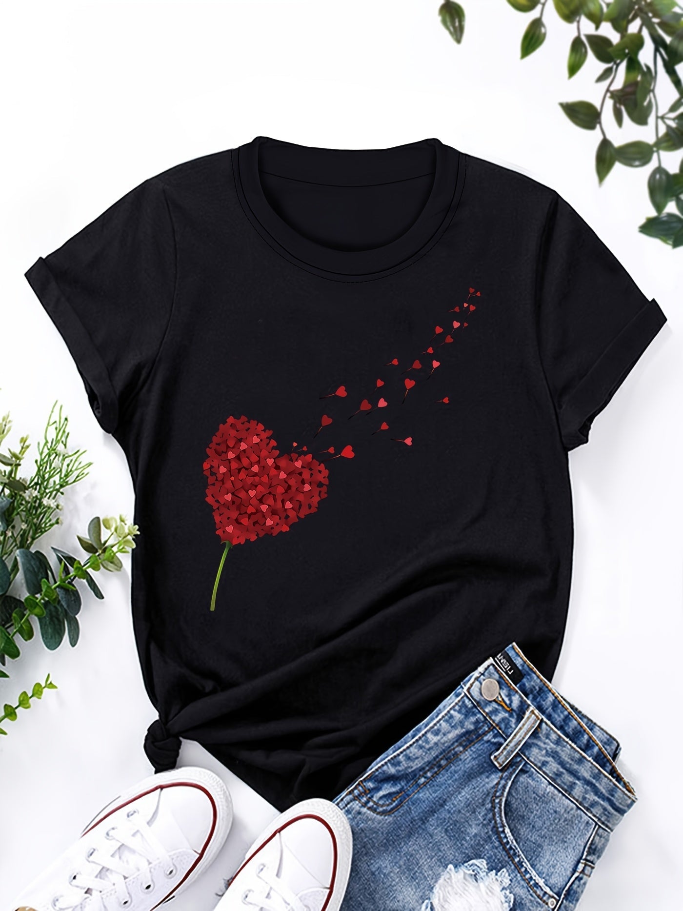 Damen T-Shirt mit Herzblumen-Design – Modisches Casual Shirt für Alltag & Freizeit