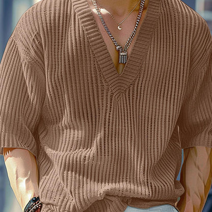 Herren Strickpullover V-Ausschnitt Kurzarm Rippstrick Lässig