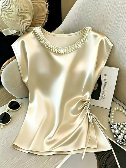 Damen Elegante Bluse mit Perlenkragen und Raffungsdetail – Stilvolles Kurzarm-Oberteil für festliche Anlässe oder Büro