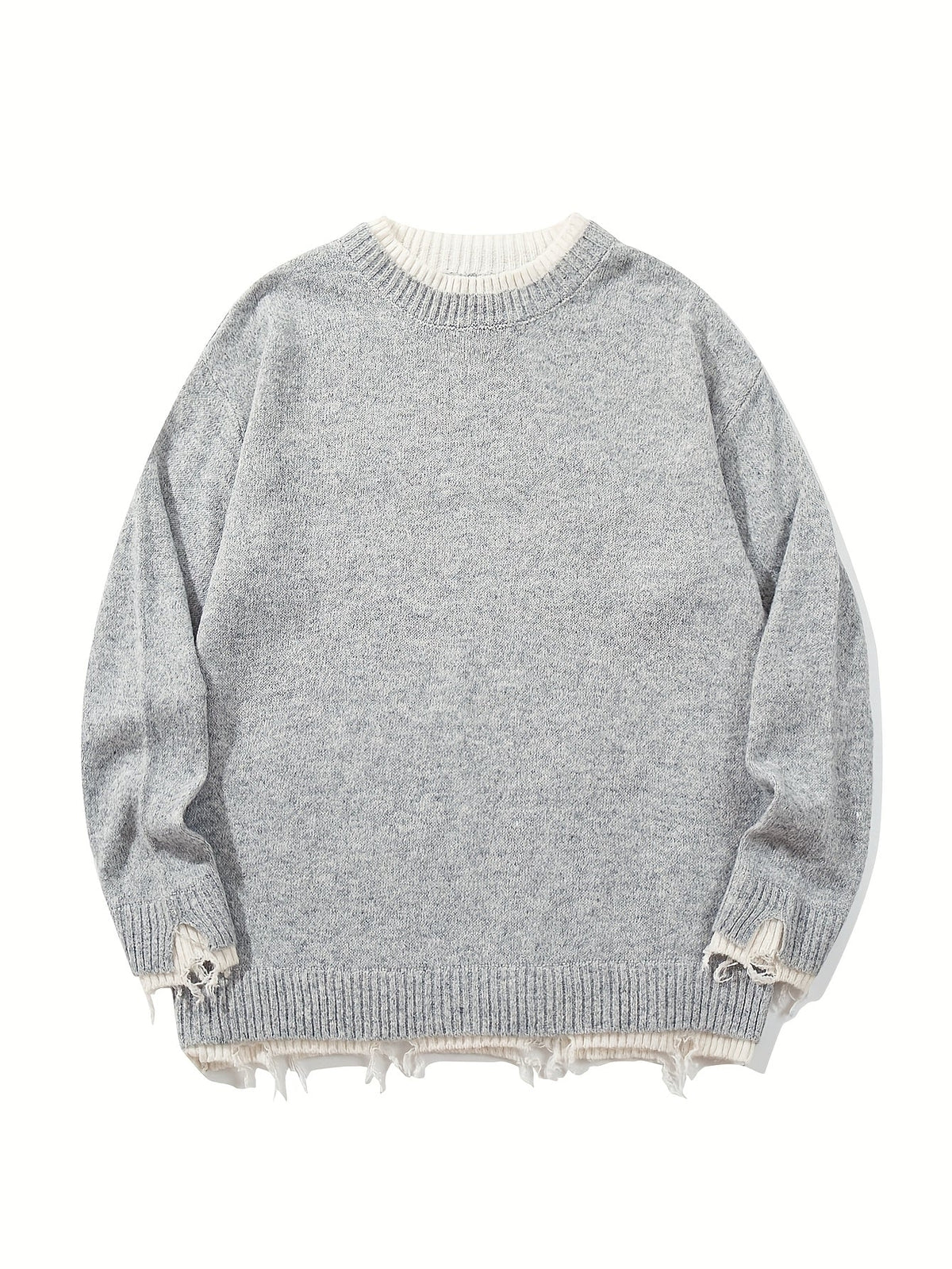 Unisex Grobstrick Pullover Grau mit weißen Details Rundhals