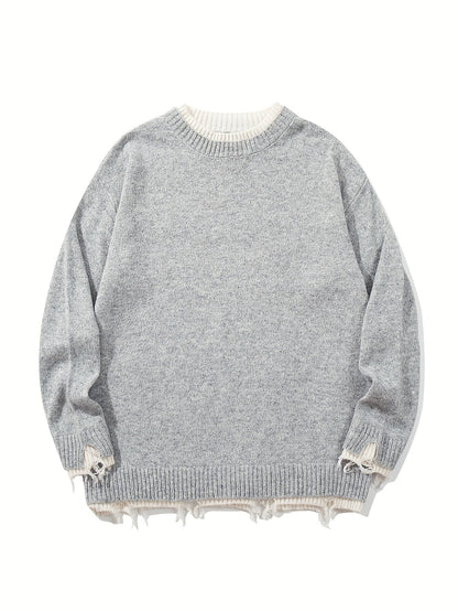 Unisex Grobstrick Pullover Grau mit weißen Details Rundhals