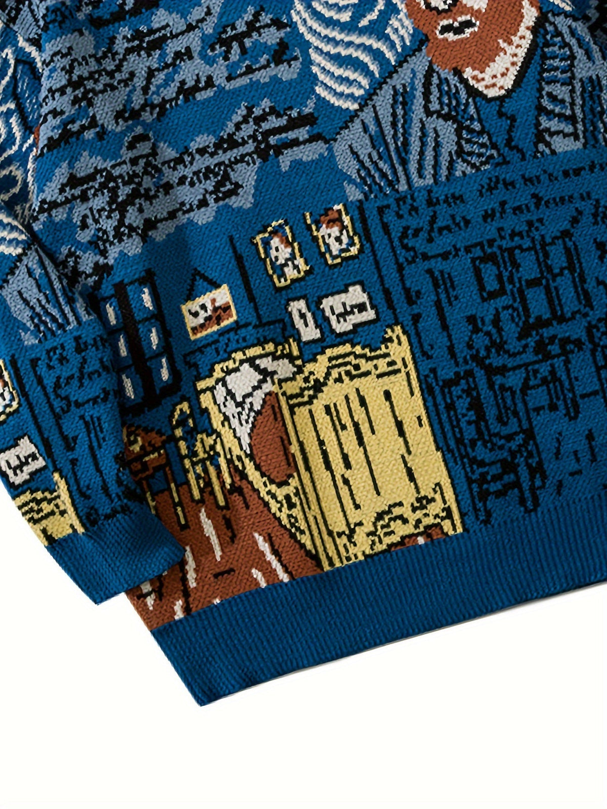 Blauer Strickpullover mit künstlerischem Muster und Rundhalsausschnitt