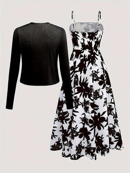 Damen Midikleid mit Blumenmuster und Cardigan – Elegantes Freizeit-Outfit Set für Frühling & Sommer