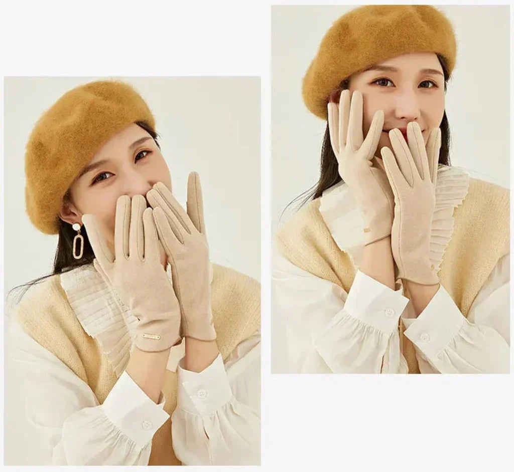 Damen Handschuhe aus weichem Material mit Zierapplikation, Khaki