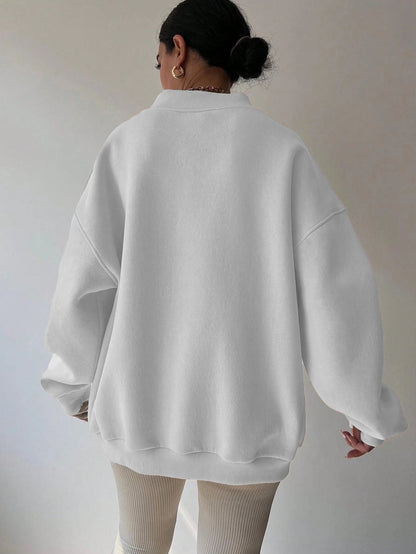 Damen Oversize Sweatshirt V-Ausschnitt Langarm Weiß