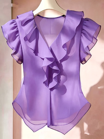 Damen Rüschenbluse mit V-Ausschnitt und Volantärmeln – Elegante Chiffonbluse für Büro und besondere Anlässe