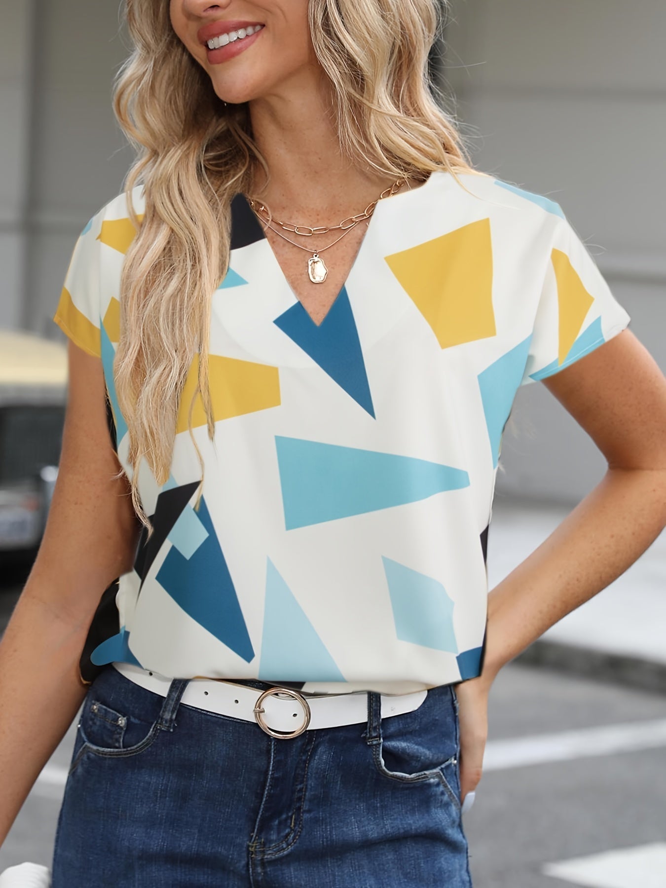 Damen Vintage Bluse mit geometrischem Muster, V-Ausschnitt, ideal für Büro und Freizeit