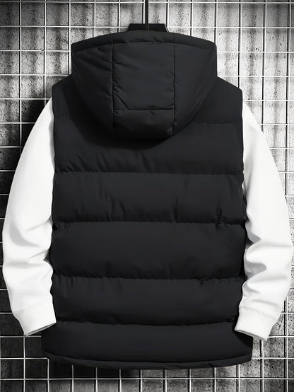 Steppweste Herren mit Kapuze - Pufferweste ärmellos, Reißverschluss, Taschen, Schwarz