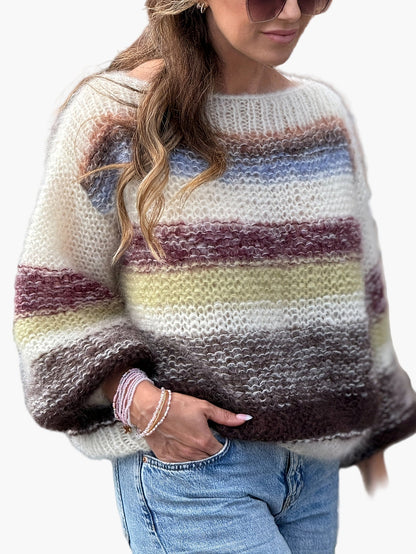 Damen Eleganter Strickpullover mit Streifenmuster für Herbst und Winter – Bequemer Freizeit-Look