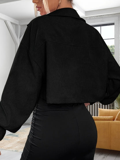 Damen Kurzjacke Rippstruktur Geknöpft Brusttaschen