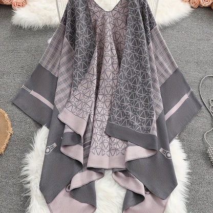 Damen Poncho Cape mit offenem Schnitt und geometrischem Muster – Boho Stil für Freizeit und Alltag
