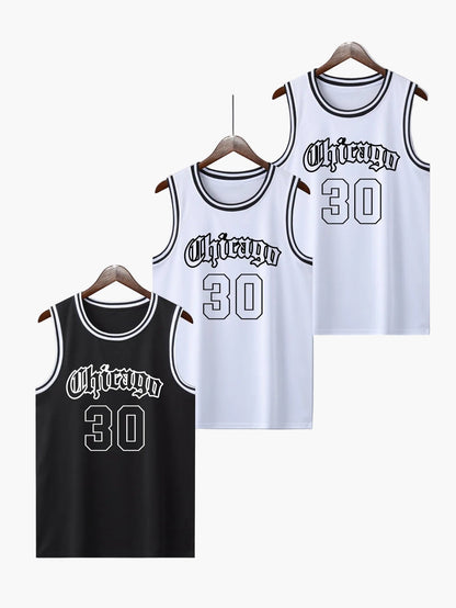 Herren Basketball Trikot Set – Vintage Streetwear Tank Top mit Chicago Print und Nummer 30, Sport & Freizeit