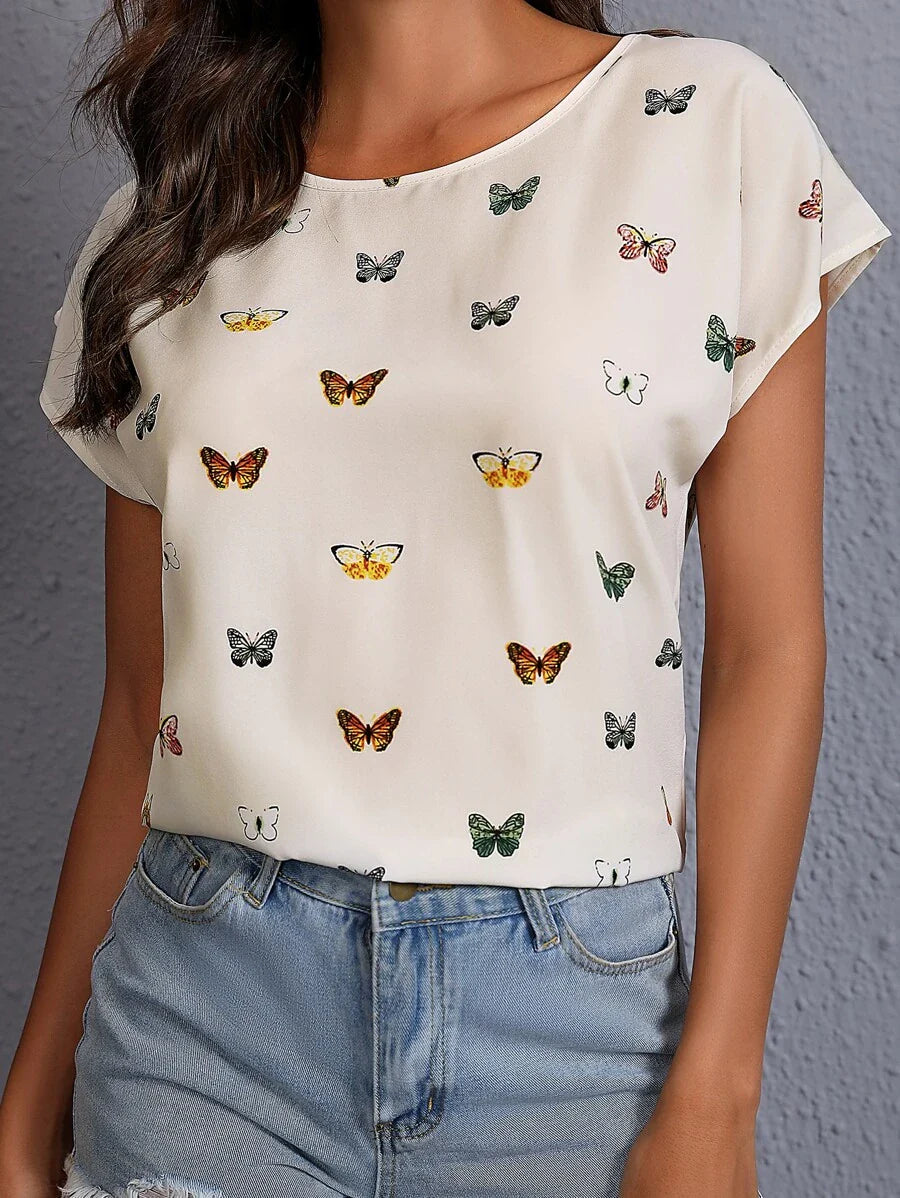 Damen Sommer T-Shirt mit Schmetterlingsmuster – Modisches Freizeitshirt für Alltag und Büro