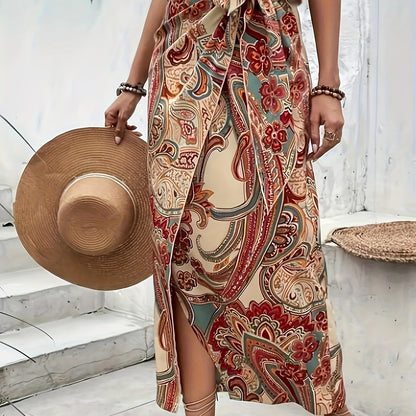 Damen Boho Wickel-Maxirock mit Paisley- und Blumenmuster – Eleganter Sarong-Stil für Urlaub und Strand