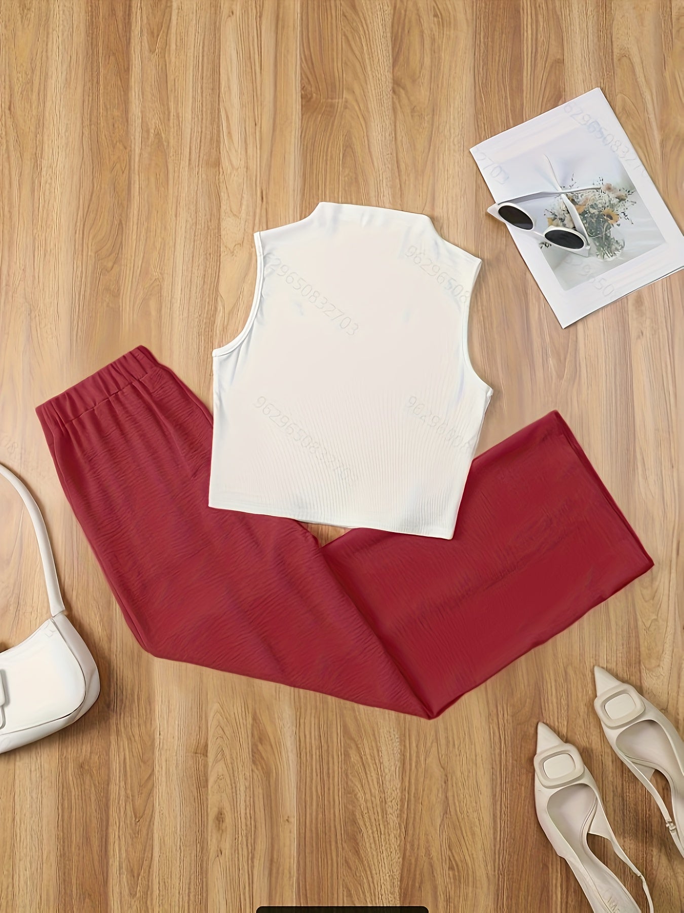 Damen Elegantes Set – Ärmelloses Oberteil mit Stehkragen und Weite Hose, Perfekt für Büro & Freizeit