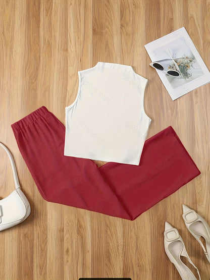 Damen Elegantes Set – Ärmelloses Oberteil mit Stehkragen und Weite Hose, Perfekt für Büro & Freizeit