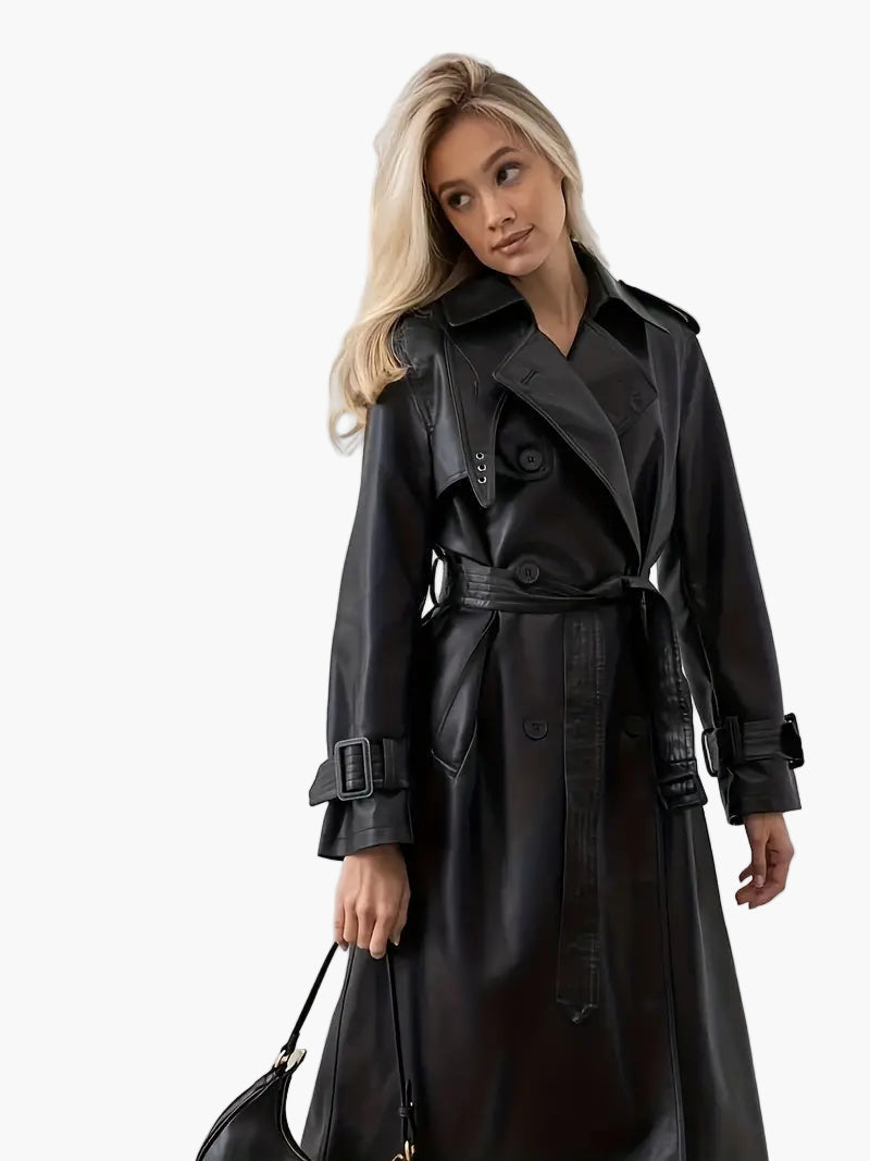 Damen Trenchcoat – Eleganter Veganem Leder-Look, Lang, Doppelreihig, Mit Taillengürtel, Stilvoll Für Herbst & Winter