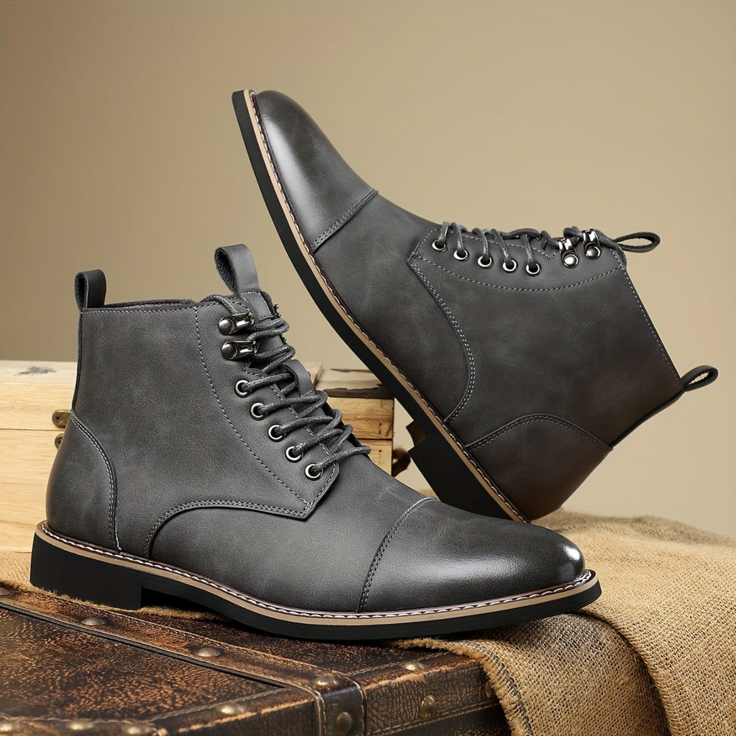 Herren Stiefeletten zum Schnüren in Braun mit Zehenkappe und flachem Absatz