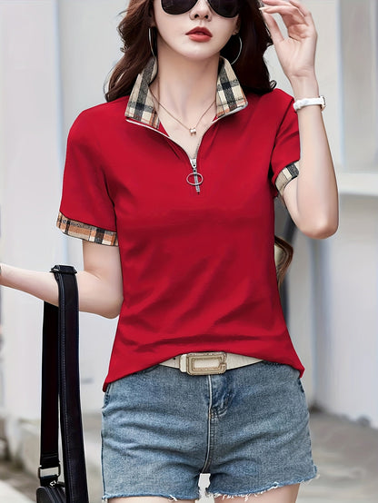 Damen Casual Poloshirt mit Reißverschlusskragen und Karodetails – Modisches Freizeitshirt für Alltag und Ausgehen