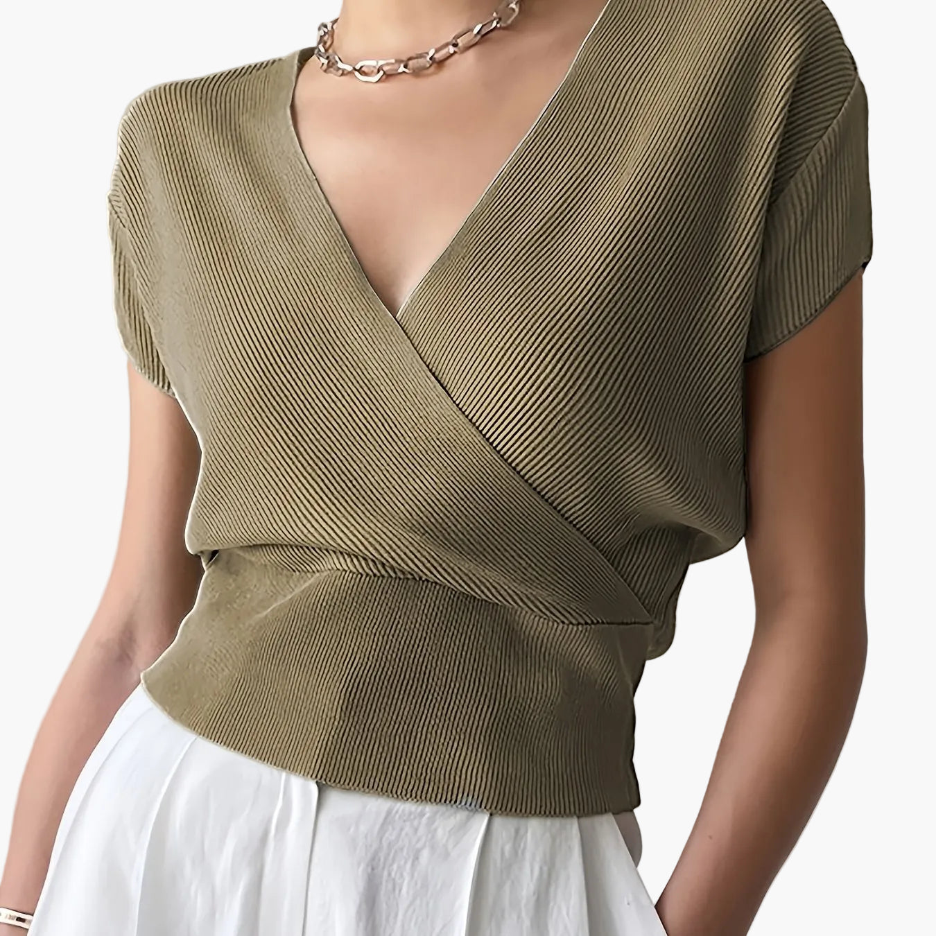 Damen Wickelshirt mit V-Ausschnitt – Eleganter Sommer Pullover Kurzarm für Freizeit & Büro