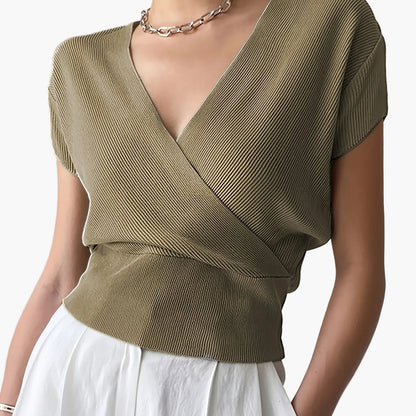 Damen Wickelshirt mit V-Ausschnitt – Eleganter Sommer Pullover Kurzarm für Freizeit & Büro