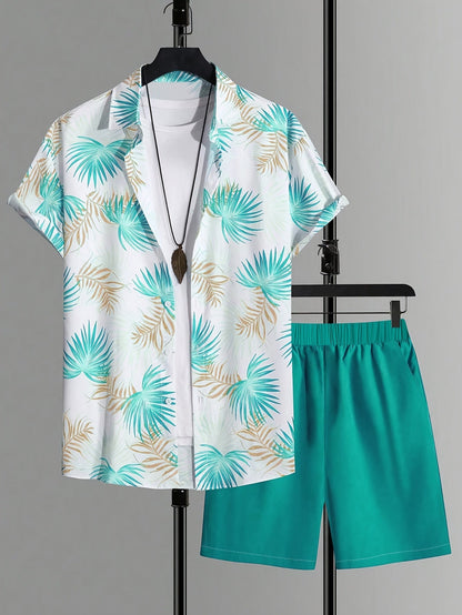 Herren Sommer Strand Set – Kurzarm Hemd und Shorts im tropischen Print, modisch & leger