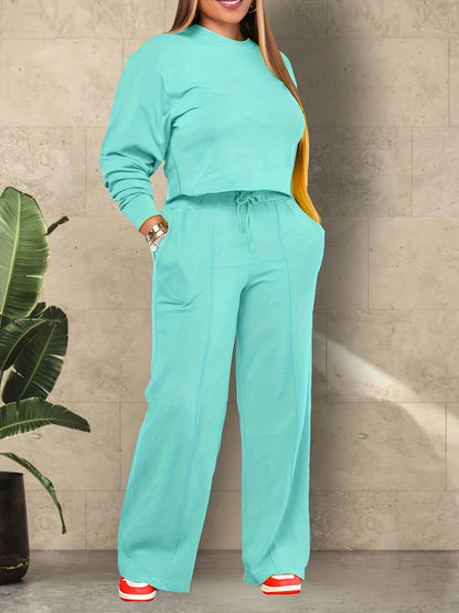 Damen Zweiteiler Lounge Set – Modisches Freizeit Outfit mit Cropped Pullover und Weiten Hosen