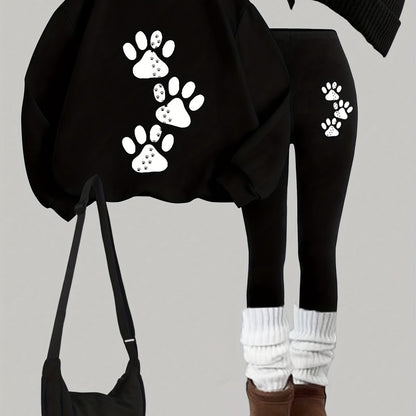 Damen Sweatshirt & Leggings Set mit Pfotenabdruck-Print, Langarm Oberteil und Hose