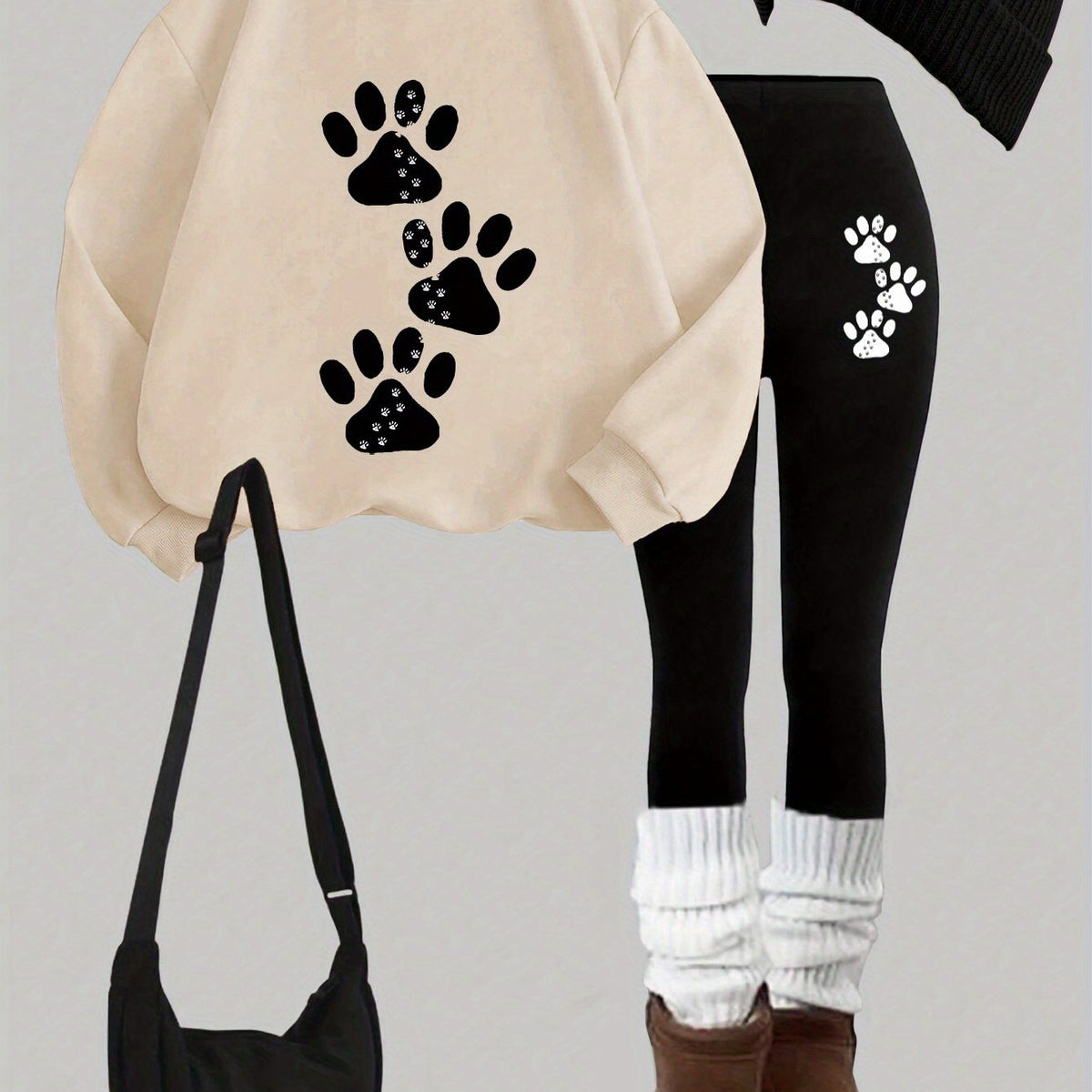 Damen Sweatshirt & Leggings Set mit Pfotenabdruck-Print, Langarm Oberteil und Hose