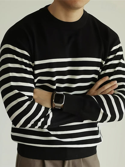Herren Langarmshirt Gestreift Rundhals Casual Schwarz Weiß Blau