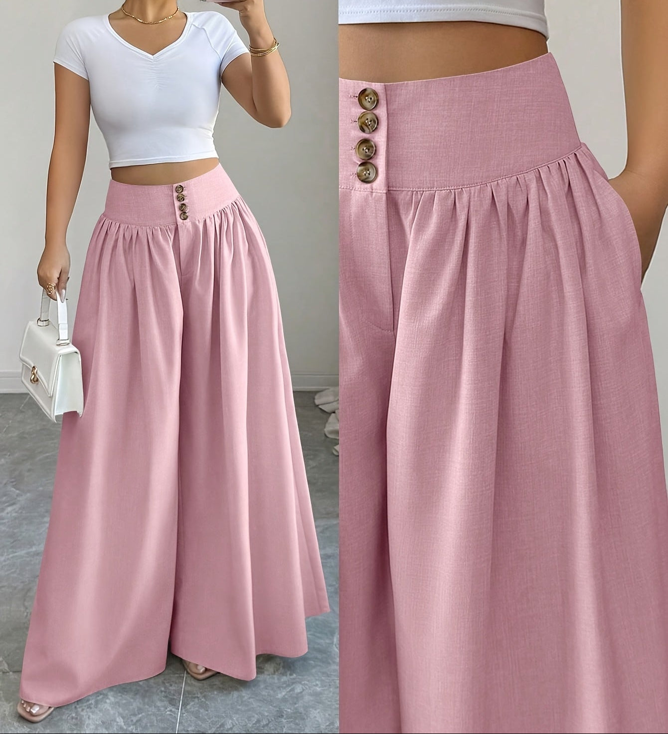 Damen Weite High Waist Palazzo Hose mit Knopfleiste – Eleganter Alltags- & Ausgeh-Look