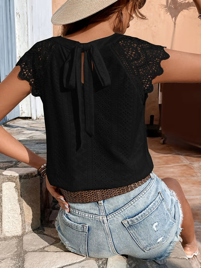 Damen Häkel-Spitzenbluse mit Rückenschleife – Sommerlich, Boho, Casual