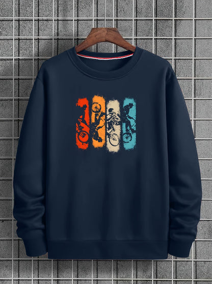 Unisex Sweatshirt Rundhals Langarm mit Fahrradfahrer-Print Mehrfarbig