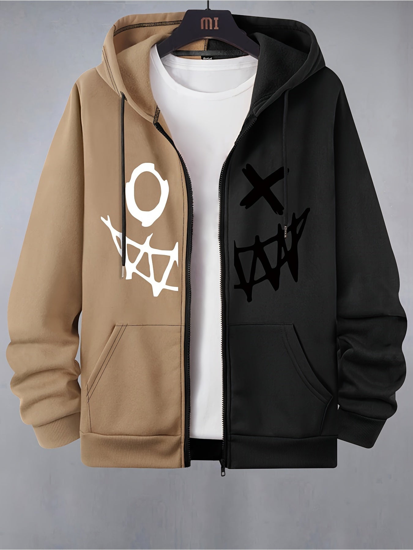 Zweifarbiger Kapuzenpullover mit Reißverschluss und Grafikprint
