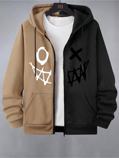 Zweifarbiger Kapuzenpullover mit Reißverschluss und Grafikprint