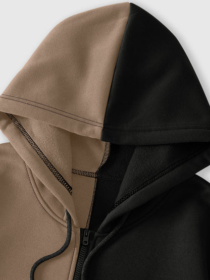 Zweifarbiger Kapuzenpullover mit Reißverschluss und Grafikprint