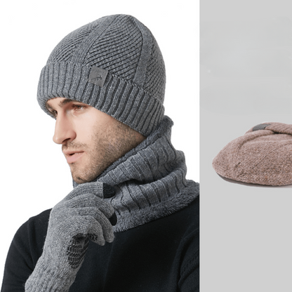 Winter Set Beanie Mütze Schal & Handschuhe Strick Braun Unisex