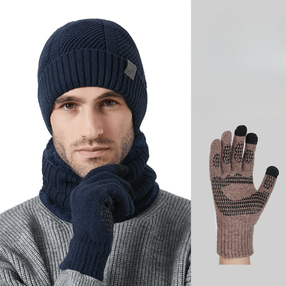 Winter Set Beanie Mütze Schal & Handschuhe Strick Braun Unisex