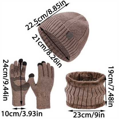 Winter Set Beanie Mütze Schal & Handschuhe Strick Braun Unisex