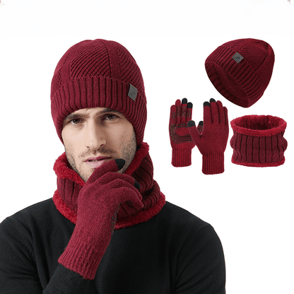 Winter Set Beanie Mütze Schal & Handschuhe Strick Braun Unisex