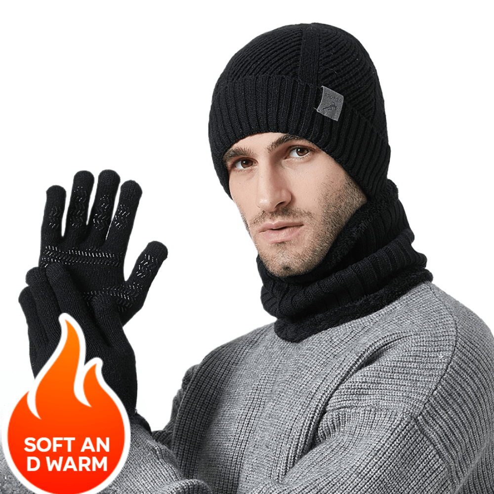 Winter Set Beanie Mütze Schal & Handschuhe Strick Braun Unisex