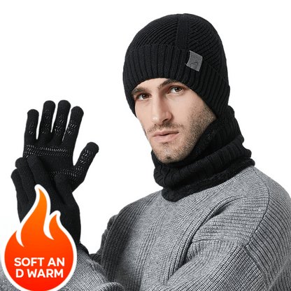 Winter Set Beanie Mütze Schal & Handschuhe Strick Braun Unisex