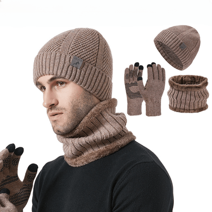 Winter Set Beanie Mütze Schal & Handschuhe Strick Braun Unisex