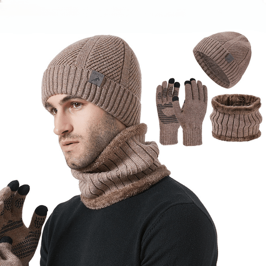 Winter Set Beanie Mütze Schal & Handschuhe Strick Braun Unisex