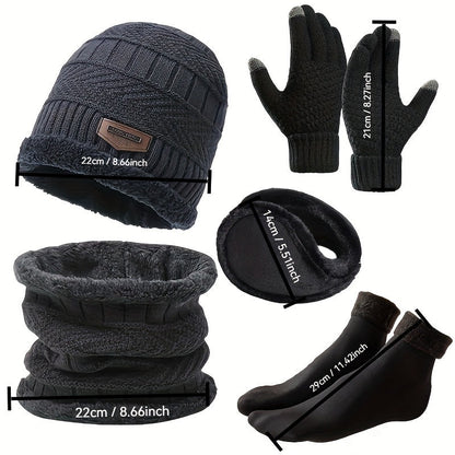 Winter Set Mütze Schal Handschuhe Ohrenschützer Socken Strick Fleece Warm Unisex