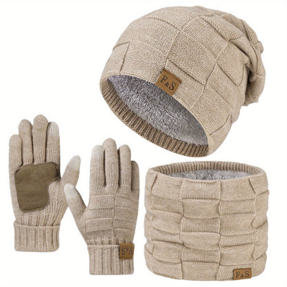 Winter Beanie Mütze Schal Handschuhe Set gefüttert Strick für Damen & Herren