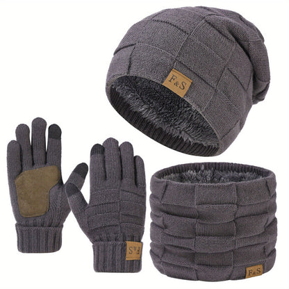 Winter Beanie Mütze Schal Handschuhe Set gefüttert Strick für Damen & Herren