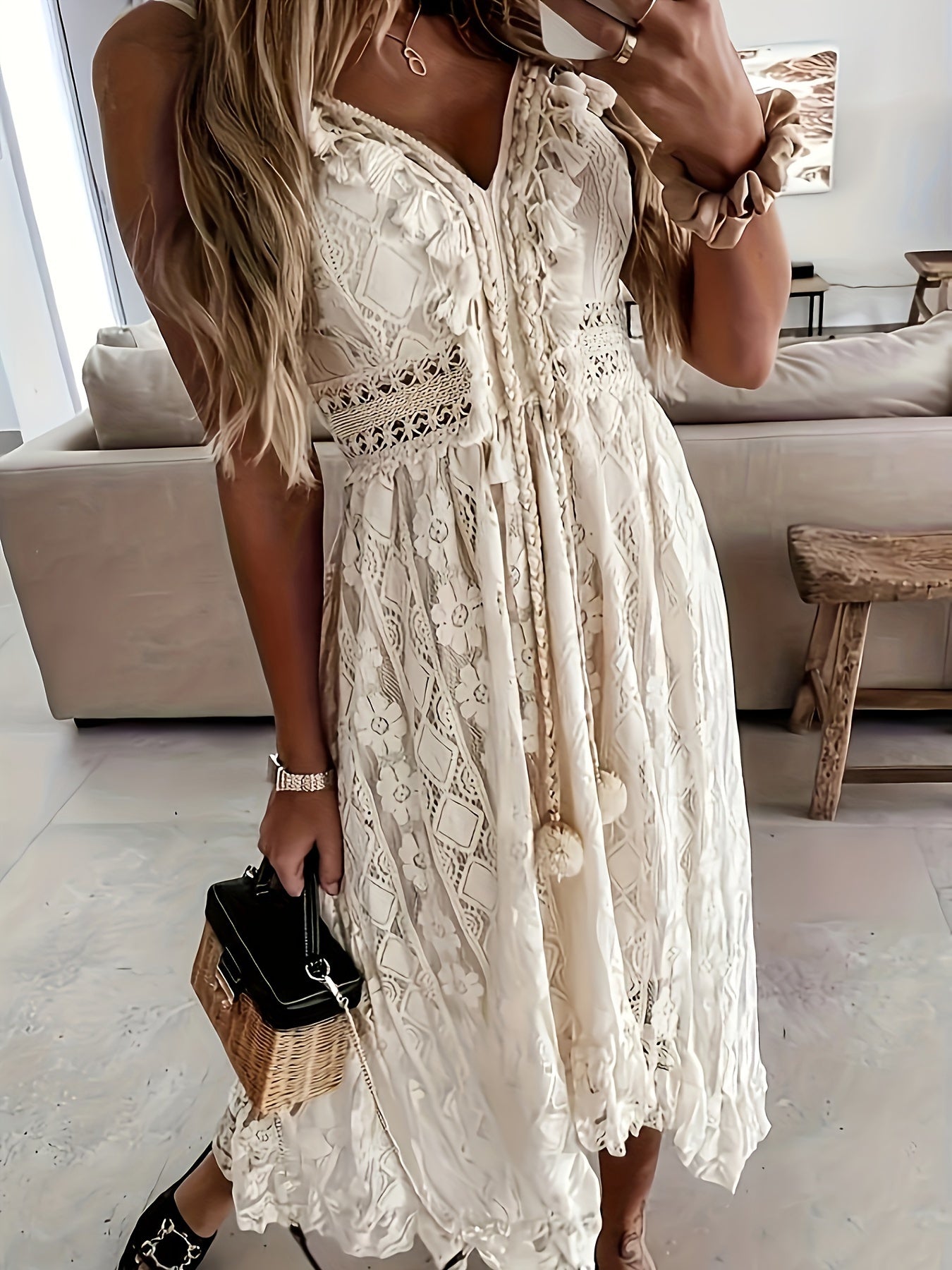Damen Boho Maxikleid mit Spitze und V-Ausschnitt – Elegantes Sommerkleid für besondere Anlässe